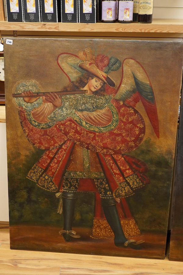 Cusco School, Flute player and Horn player, with angels, pair of oils on canvas, unframed, 120 x 90cm, Provenance: The late Kenneth Turner (1936-2025), celebrity florist, designer and perfume retailer, he received the Ro
